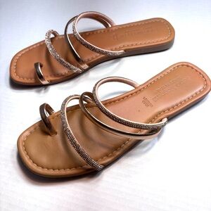 Fabio Maggeti Rhinestone Flat Sandals Rose Gold Metallic Strappy Size 9-9.5 NEW